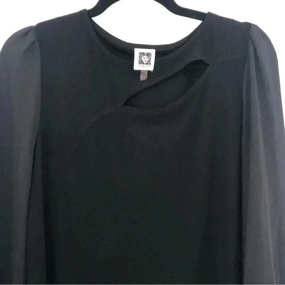 Anne Klein Black Sheer Sleeve Blouse with Cutout- Size Medium - Picture 1 of 11
